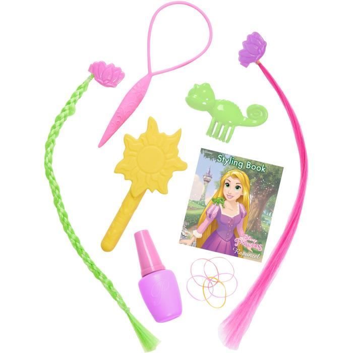 Cabeça de Penteado - DISNEY - Rapunzel Deluxe - 12 Acessórios - Frasco de Esmalte Falso - Guia de Penteados