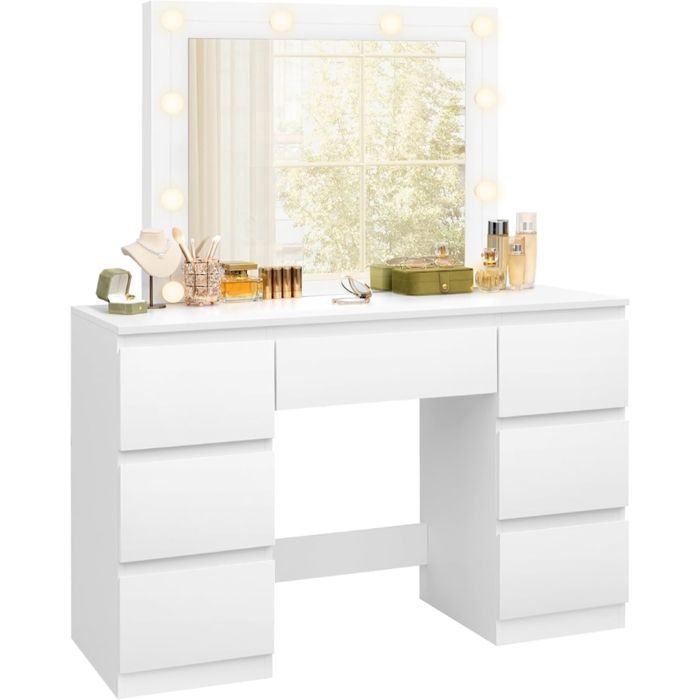 Tocador WOLTU - Espejo LED con brillo ajustable - 7 cajones grandes - Mesa de maquillaje blanca W0ETT0020