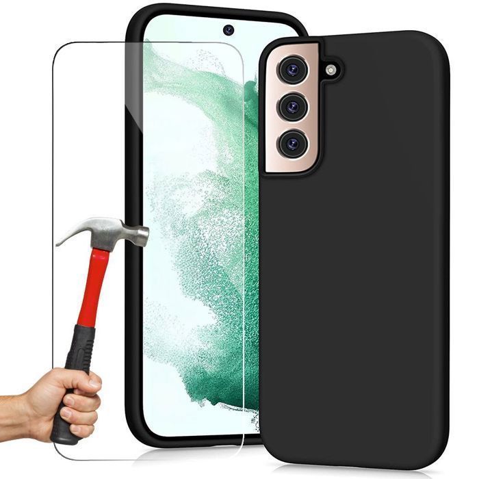 Capa protetora - BOOLING - para Samsung Galaxy S22 - Silicone líquido - Preta + 2 películas de vidro temperado