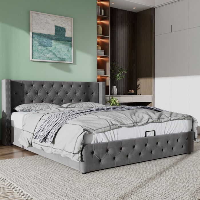 Letto contenitore - TKOPY - Letto matrimoniale per adulti 180x200 cm, letto imbottito con rete a doghe e vano contenitore, velluto grigio