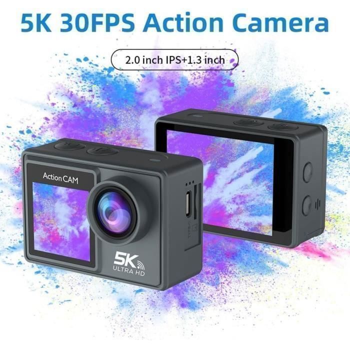 Camera Sport 5K 30FPS avec Microphone Sans Fil, Double Ecran, 50MP, EIS, 2 Batteries, Caméra Etanche 40M,Avec Accessoires