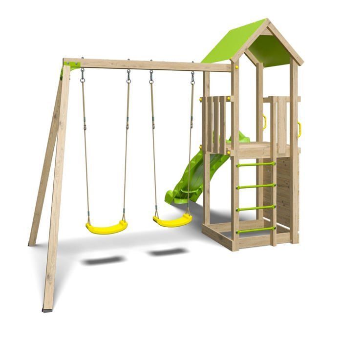 TRIGANO SMART XPERIENCE Holzspielplatz – 2 Schaukeln, 1 Rutsche, 1 Kletterwand – für 7 Kinder