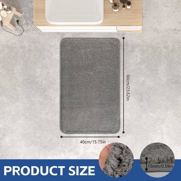 Absorbent and non-slip microfiber bath mat, 40x60 cm. Machine washable, for bath and shower. Grey.