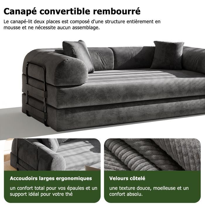 Tweezits slaapbank - Moderne multifunctionele slaapbank - inclusief 2 kussens - voor woonkamer en slaapkamer - Corduroy - Grijs