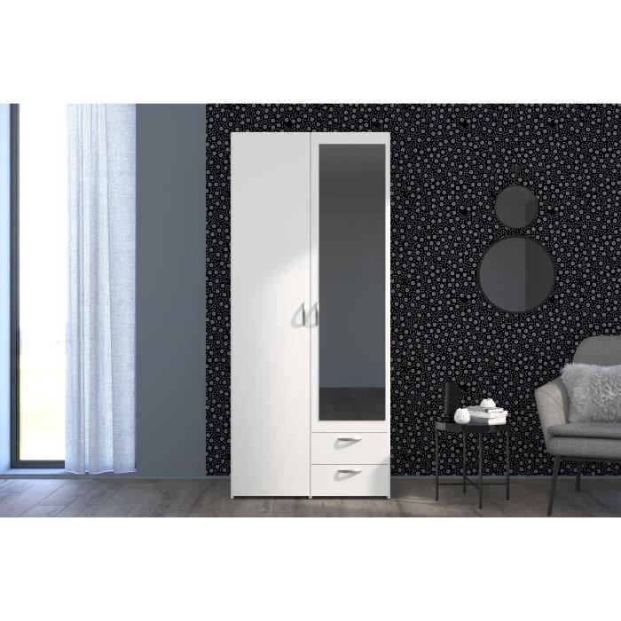 Armario VARIA - Acabado blanco - 2 puertas batientes + 1 espejo + 2 cajones - Ancho 81 x Alto 185 x Profundidad 51 cm - PARISOT