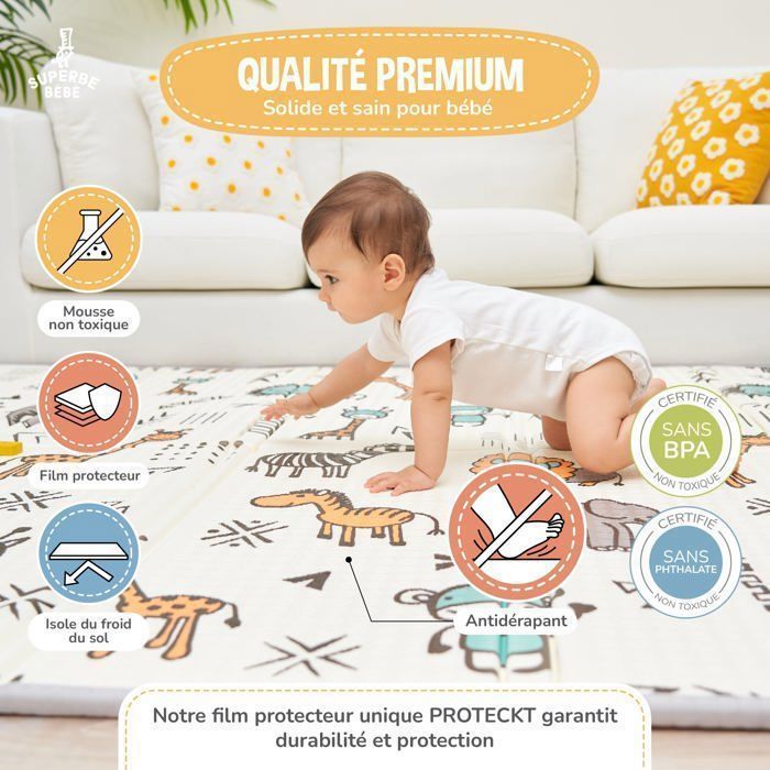 Tappetino da gioco pieghevole, reversibile e impermeabile - 200x180x1,5 cm | Tappetino da gioco in schiuma per bambini - VOLPE | SUPERBE BABE