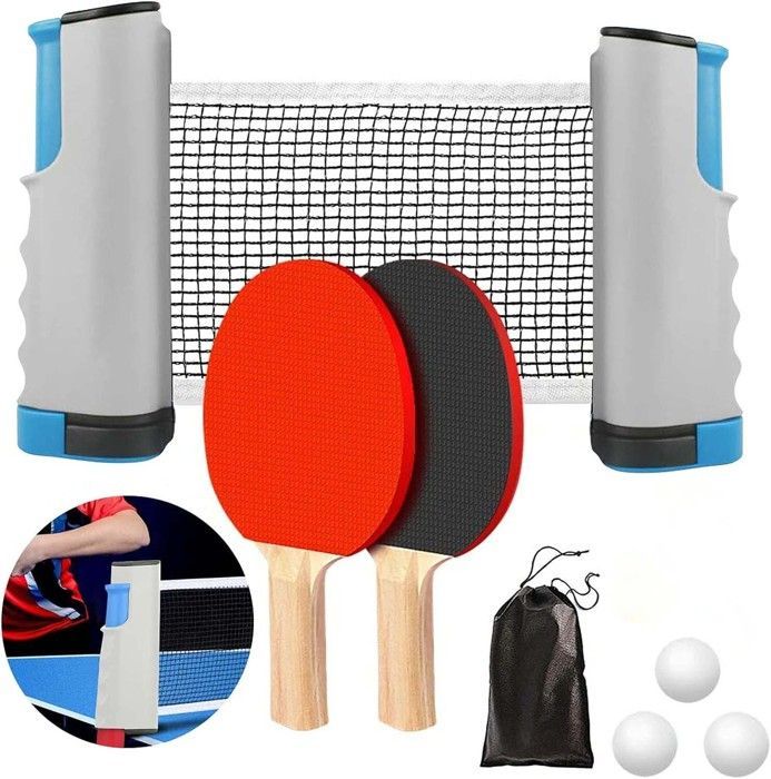 Table Tennis Racket Set - Grey, 2 Table Tennis Rackets + Retractable Table Tennis Net + 3 Balls