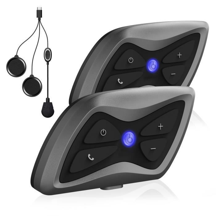 Paquete de 2 intercomunicadores Bluetooth para motocicleta - Intercomunicador inalámbrico para casco de motocicleta - Resistente al agua hasta 1500 m (IP65) - Control de llamadas