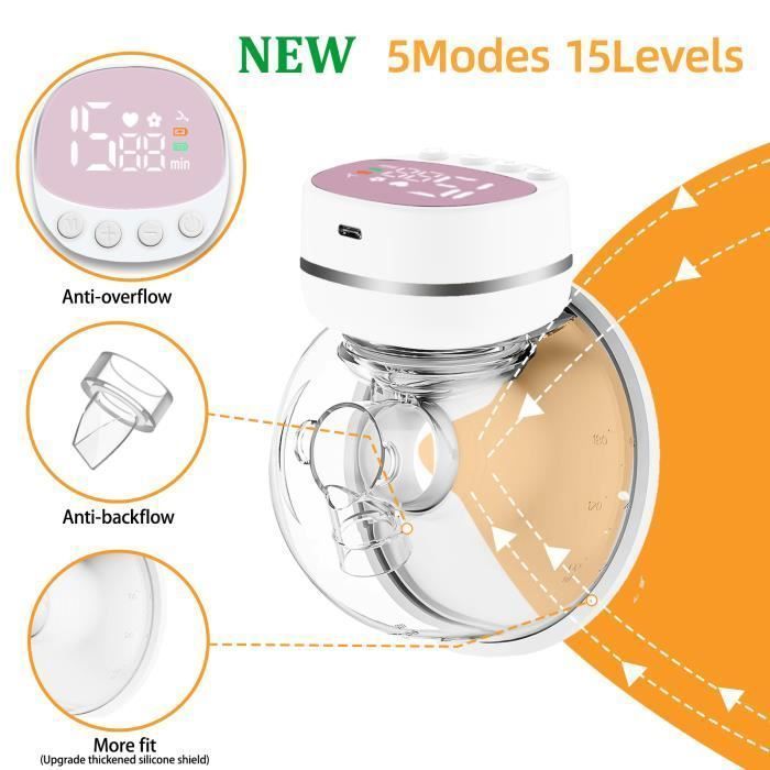 Tire Lait Electrique Main Libre,200ml Portable Tire Lait Électrique avec 5 Modes/15 Niveaux,Mémoire Temps,Affichage LED,Silencieuse