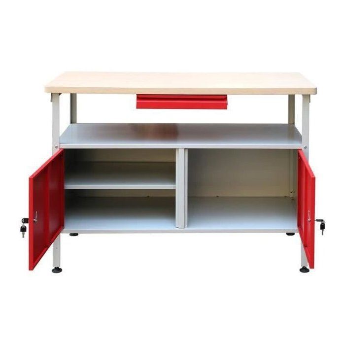 Établi à double porte DEFITEC - Rouge/Blanc - Pieds réglables - 1 tiroir - 2 étagères