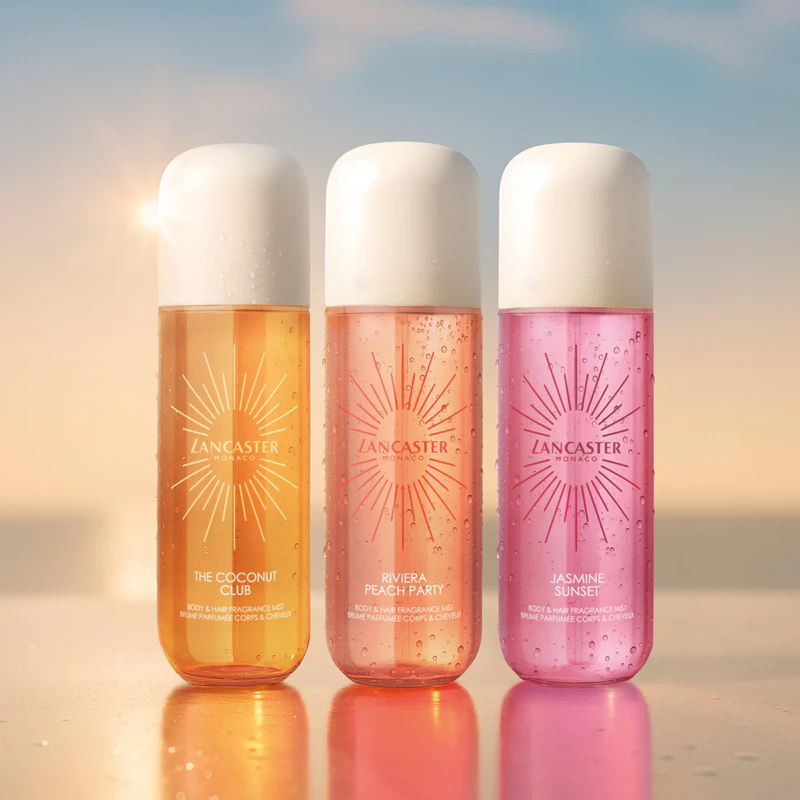 Lancaster Eau de Lancaster Hair & Body Mist, een geparfumeerde mist voor gezicht, lichaam en haar. Coconut Club-geuren.