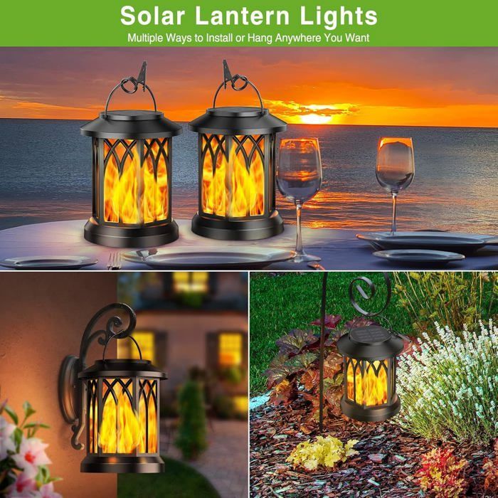 Lot de 2 lanternes solaires suspendues pour jardin extérieur, avec effet flamme LED réaliste et vacillante, étanches.