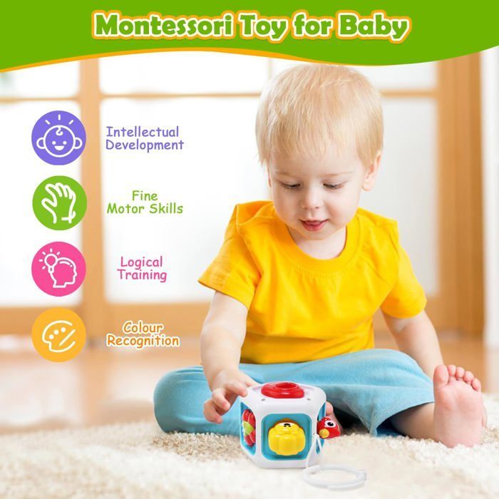 Cubo de actividades sensoriales Montessori 6 en 1: juguete para el desarrollo infantil de 1, 2 y 3 años, regalo educativo de viaje para niños y niñas.