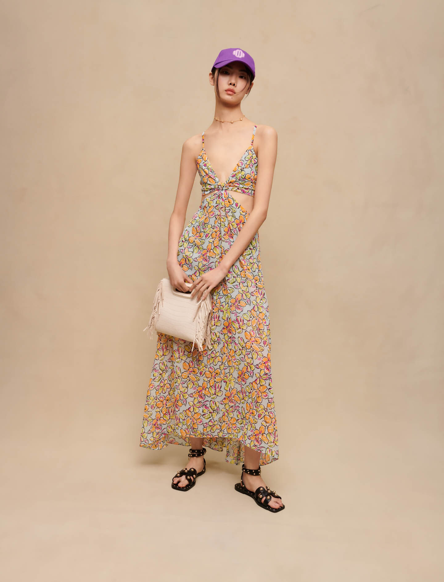 Rochie lungă cu imprimeu floral și crăpături - Hibiscus portocaliu / albastru