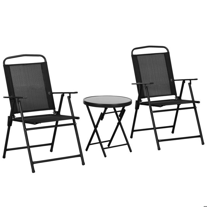 Conjunto de bistró de jardín de 3 piezas: 2 sillas + mesa de centro redonda con tablero de vidrio templado, plegable, estructura metálica con revestimiento epoxi y tablero de malla.