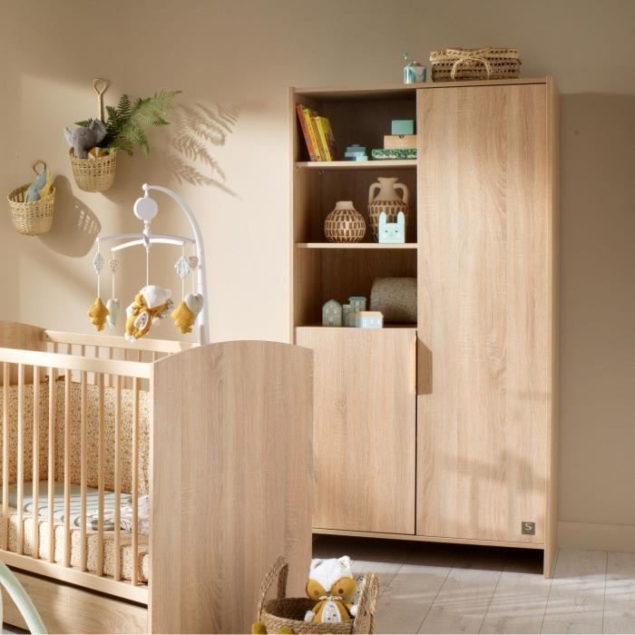 Conjunto de habitación infantil AZUR Trio: cuna de 120x60 cm + cambiador de 3 cajones + armario de 2 puertas en roble dorado - SAUTHON
