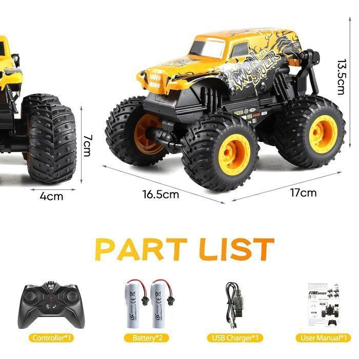 Remote Control Car, Monster Truck, 1:20 RC Off-Road, with LED Music and 360° Rotation, Gift for Children Ages 4+, Yellow