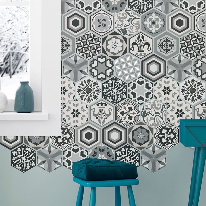 Self-adhesive wall tile stickers for kitchen and bathroom - Hexagonal tiles in shades of grey mosaic - 28 hexagon stickers, 10x9cm