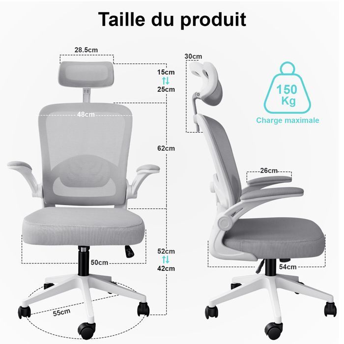 Office chair - Ergonomic comfort - Adjustable headrest - Breathable mesh backrest - Adjustable armrests