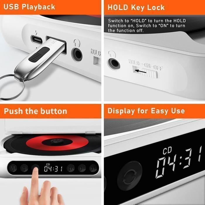 Lecteur CD Portable Bluetooth Ultra Fin - Lecteur CD/USB Rechargeable 2000mAh - Hi-Fi avec Haut-Parleur - Vert clair