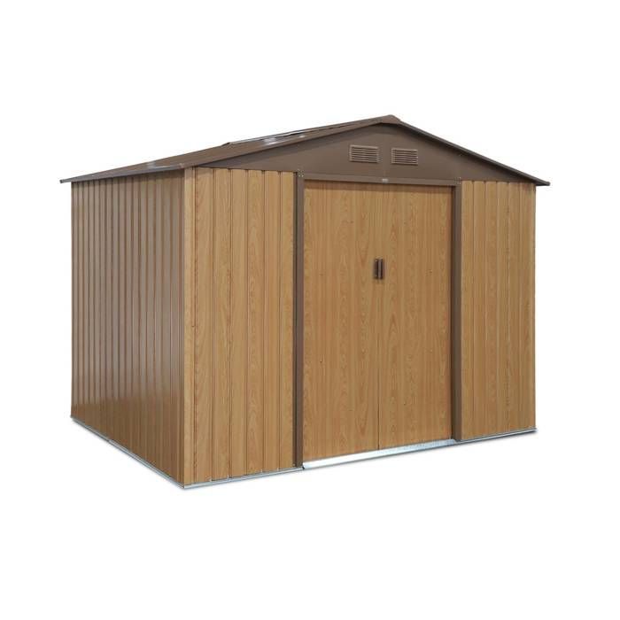 Caseta de jardín metálica FERRAIN de 5,29 m² color roble - Caseta para herramientas con dos grandes puertas correderas. Kit de fijación.