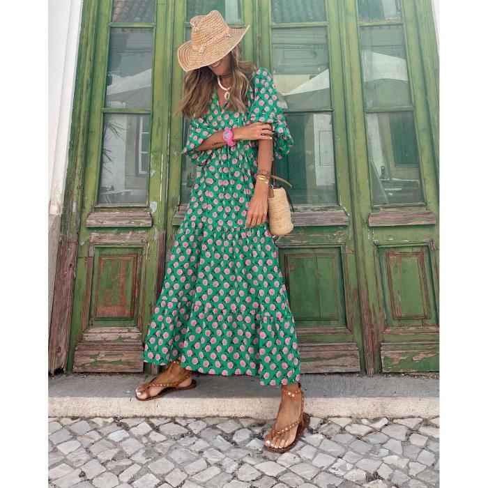Elegante vestido largo con mangas abullonadas para mujer, estampado floral informal, escote en V, rosa veraniego