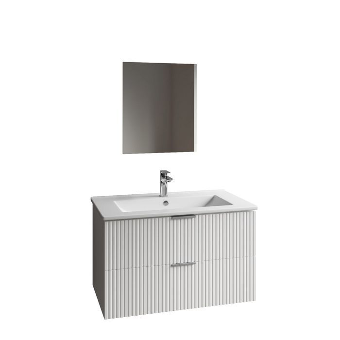 Mueble de baño con lavabo individual de 60 cm, fabricado en MDF corrugado blanco.