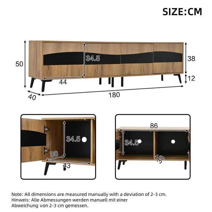 Mueble para TV - LEMONBEST - Mueble moderno para TV de salón - 180x40x50 cm - 4 puertas - Madera y negro