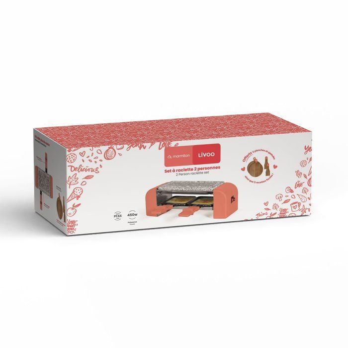 Juego de raclette para 2 personas - LIVOO x Marmiton - DOC306 - 450 W - 5 recetas mediante código QR - Bandeja de granito extraíble