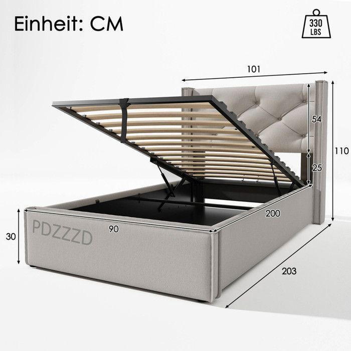 Letto singolo contenitore per bambini 90 x 200 cm con vano portaoggetti, rete a doghe inclusa, letto con spazio contenitore, grigio chiaro