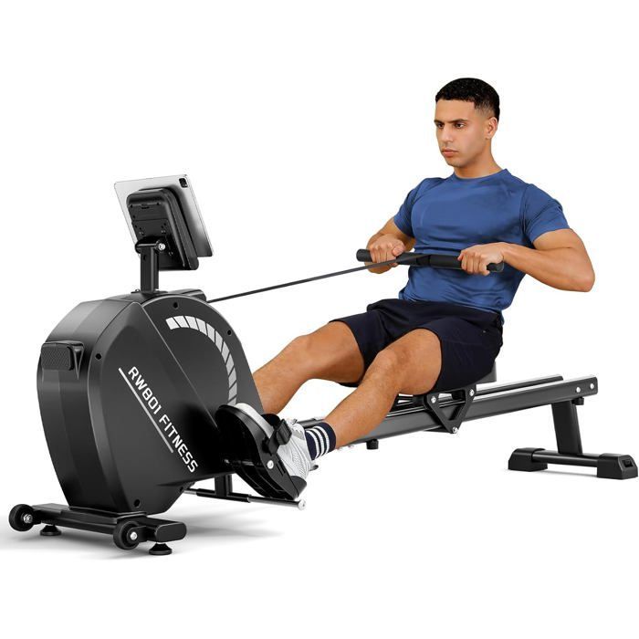 Máquina de remo Dripex para fitness en casa, compatible con aplicaciones, 16 niveles de resistencia, soporte para tablet, 150 kg.