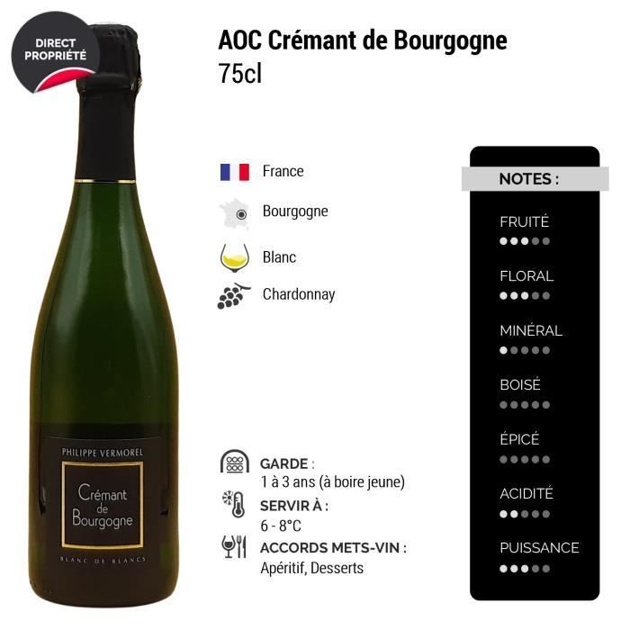 Crémant de Bourgogne Blanc de Blancs Blanc - Lot de 3x75cl - Philippe Vermorel - Vin effervescent AOC Blanc de Bourgogne