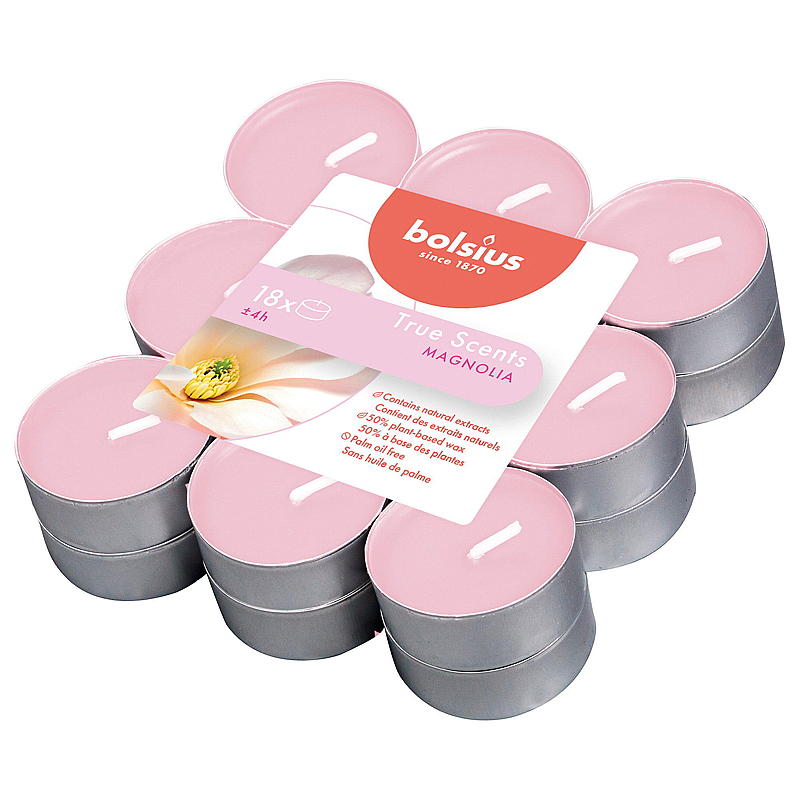 Paquete de 18 velas pequeñas Bolsius con aroma a magnolia.