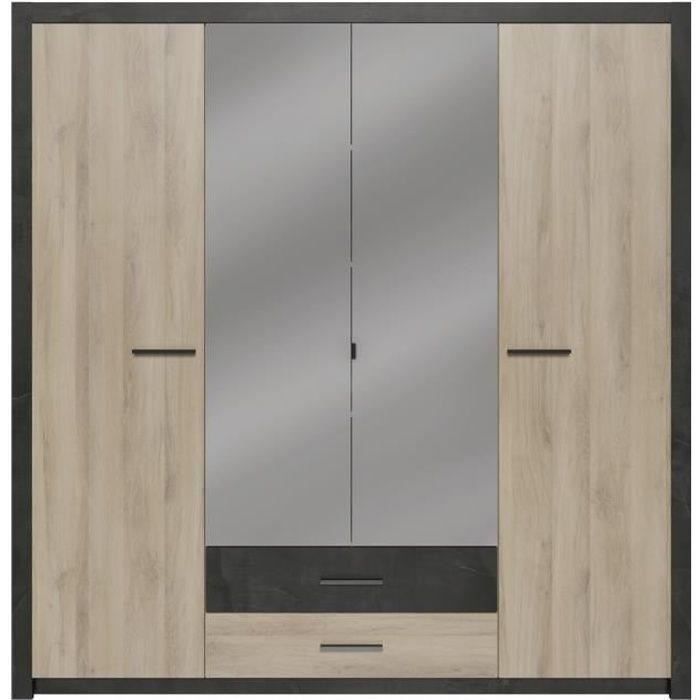 Armario - Acabado en roble y negro - 4 puertas batientes - 2 cajones - Espejos - Ancho 198 x Alto 203,1 x Profundidad 56,6 cm - COLORADO - Hecho en Francia