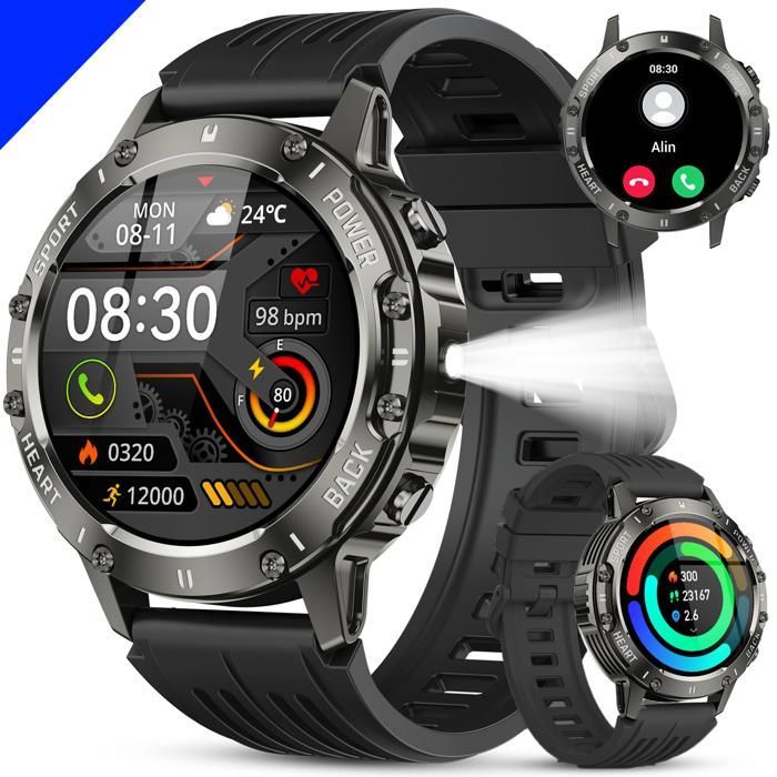 Montre Connectée Homme - IP68 Verre antirayures - Bluetooth 5,3 - 800mAh - 120+ Sport modes - 200+ cadrans pour iOS Android