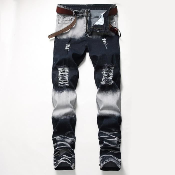 Pantalones vaqueros elásticos rasgados para hombre INSFITY - pierna recta - 5 bolsillos - efecto desgastado y blanco - azul/blanco