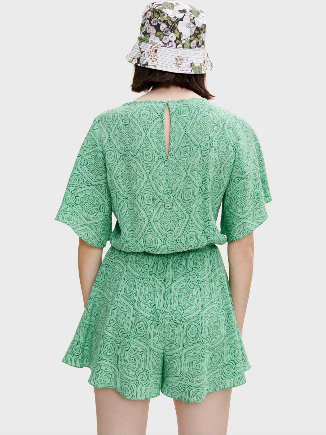 Salopetă scurtă cu imprimeu fluid - Verde etnic