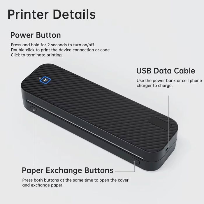 Imprimante Thermique A4 Portable, Bluetooth et USB, 300 DPI, Batterie 2600mAh, 3 Rouleaux Papier Inclus