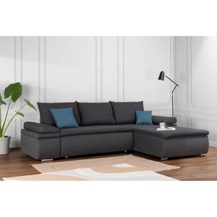 CELINA Wendbares Ecksofa mit Schlaffunktion, 3-Sitzer + Aufbewahrungstruhe – Grauer Stoff – B 274 x T 184 cm