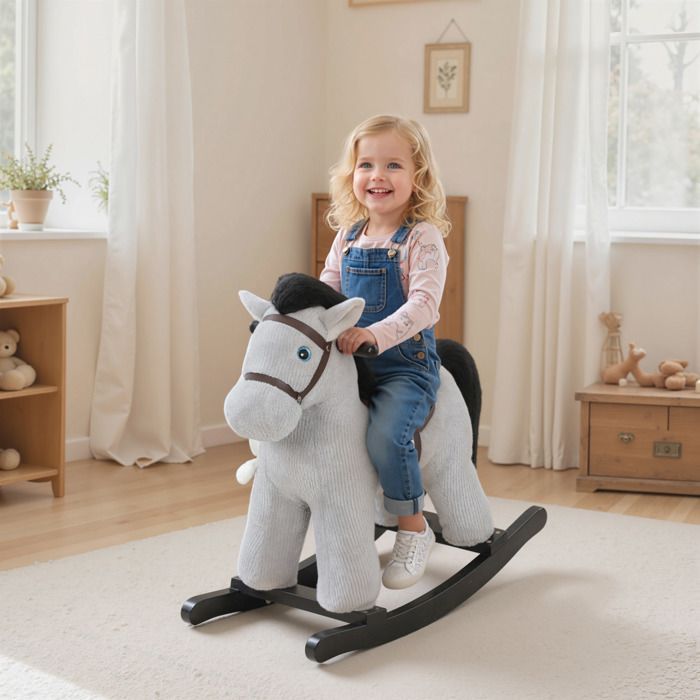 Cavallo a dondolo per bambini - AIYAPLAY - Effetti sonori, maniglia e bambola - Peluche - 71 x 26 x 55 cm - Grigio