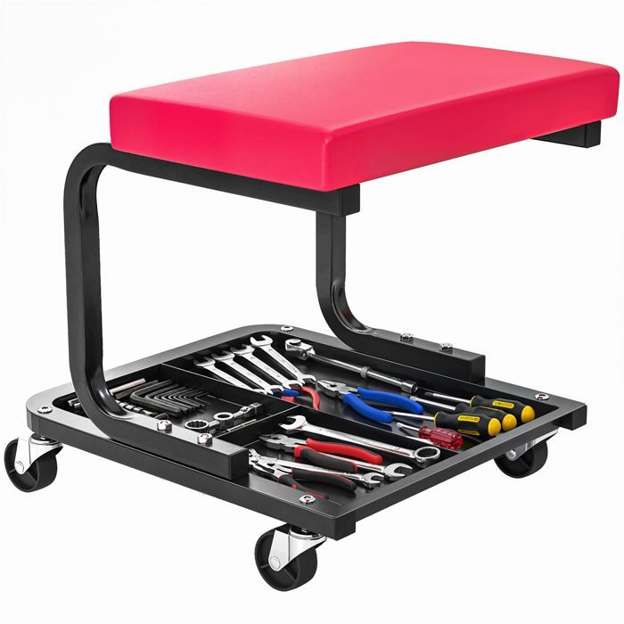 Taburete de mecánico - HOMCOM - Capacidad de carga de 135 kg - Bandeja para herramientas, ruedas giratorias de 360° de suave rodadura - 36,5 x 33,5 x 35 cm - Rojo
