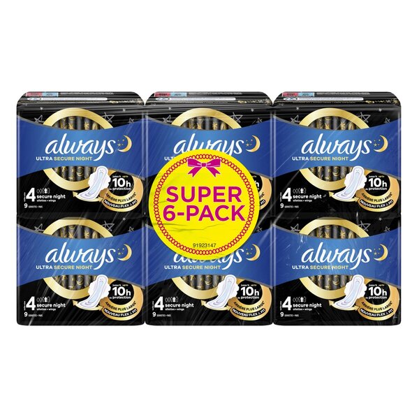 Always Ultra Secure Night (størrelse 4) bind med vinger<br>6 x 9 stk.