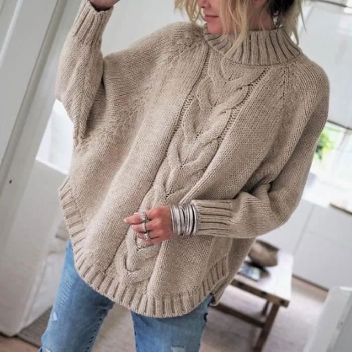 Maglione da donna in maglia - INSFITY - Vestibilità ampia - Collo alto - Maniche lunghe - Kaki