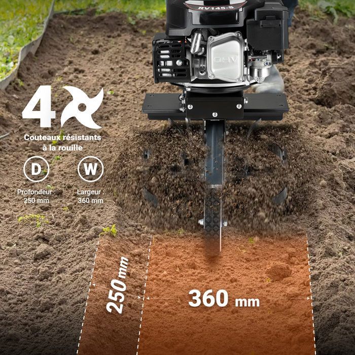 Wiltec Motobineuse 36 cm 2,5 KW 4 Fraises Lames Réservoir 0,8L Profondeur 25 cm Motoculteur Essence Moteur OHV Aérateur Scarificateu