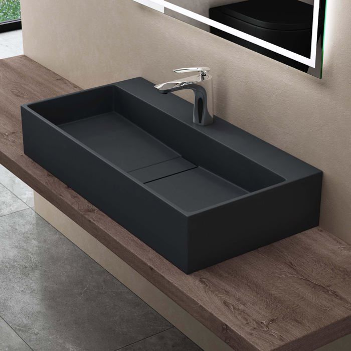 Lavabo de encimera doporro, gris mate/negro, lavabo de baño mural de 80 cm, lavabo rectangular con tapa de desagüe, Colossum6028