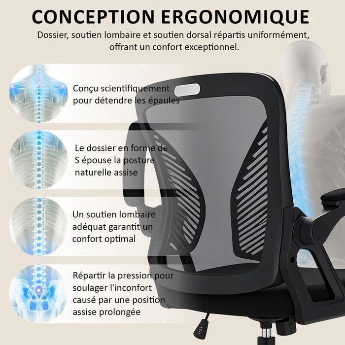 Office chair, desk chair with adjustable armrests and lumbar support, mesh office chair, black