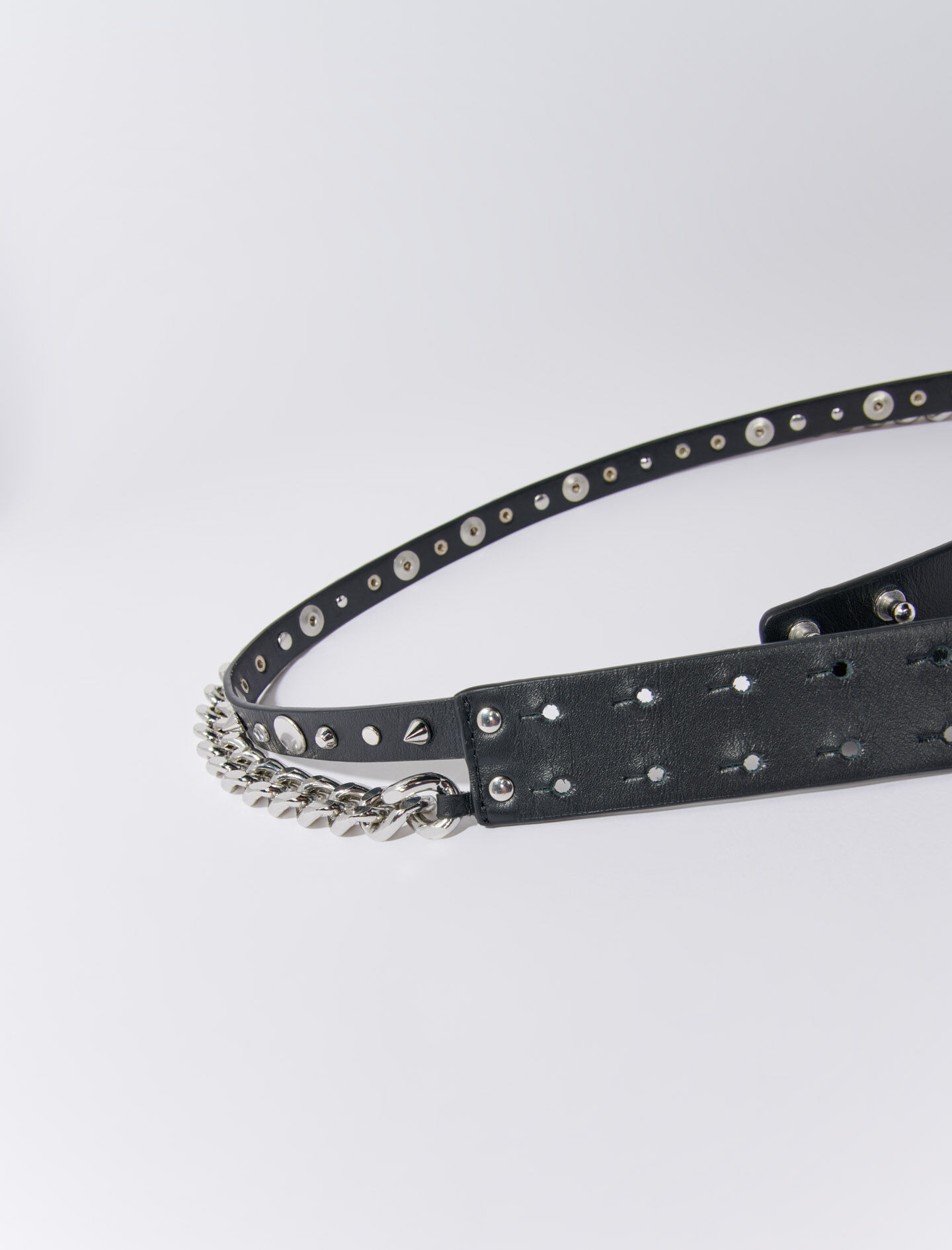 Dubbele leren riem met ketting - Zwart