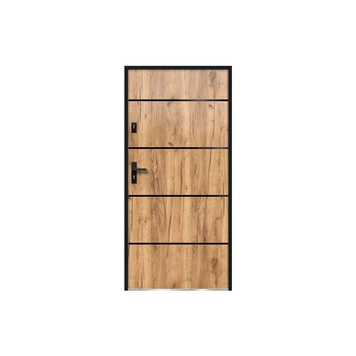 Puerta frontal de acero macizo y acero inoxidable, 207 cm de alto x 100 cm de ancho, efecto roble - 55 mm de espesor - apertura a la derecha - NAXARA