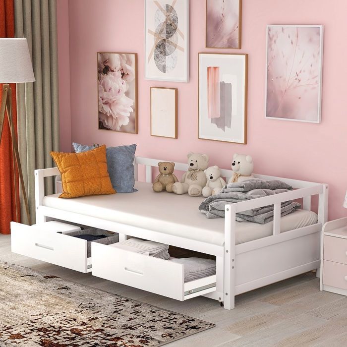 Cama para adultos, sofá cama convertible de 90/180x200 cm con cajones y somier de láminas, color blanco.