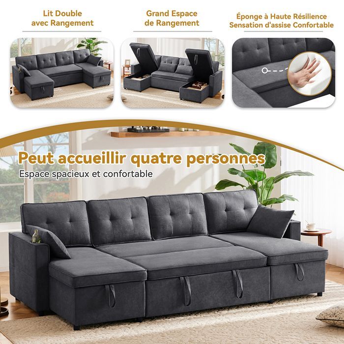 Canapé d'angle Convertible avec Porte-gobelet et Rangement, 4 Places en U, Canapé lit avec Fonction Couchage, Coton et Lin, Gris